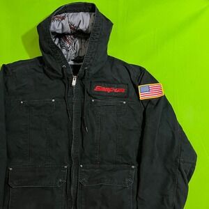 Snap-on Mens Black Canvas Hooded Work Jacket Embroidered Logo VTG Medium Bomber